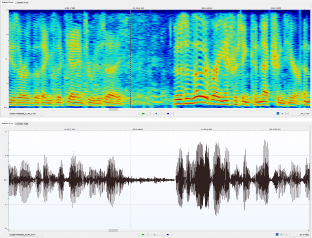 Spectrogram and waveform view in VOCALISE